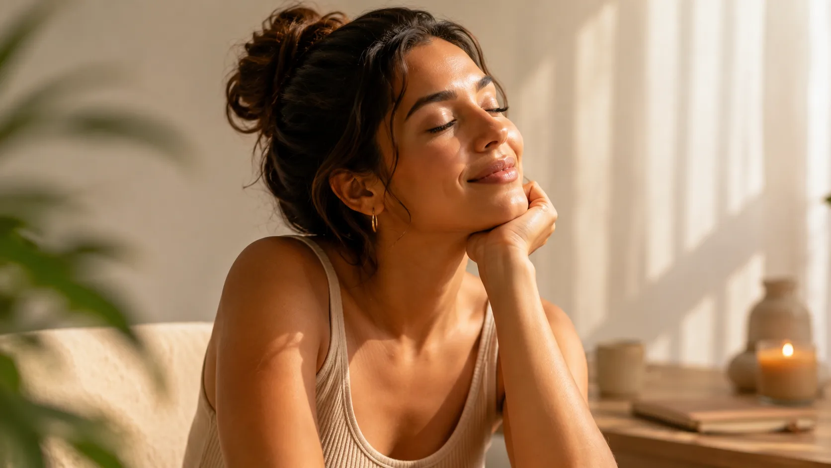 Mulher de olhos fechados, rosto ao sol, respirando um momento só seu.