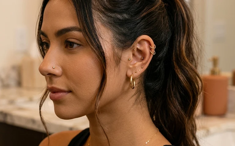 Detalhe elegante de brincos e piercings delicados na orelha — um jeito discreto de expressar personalidade.