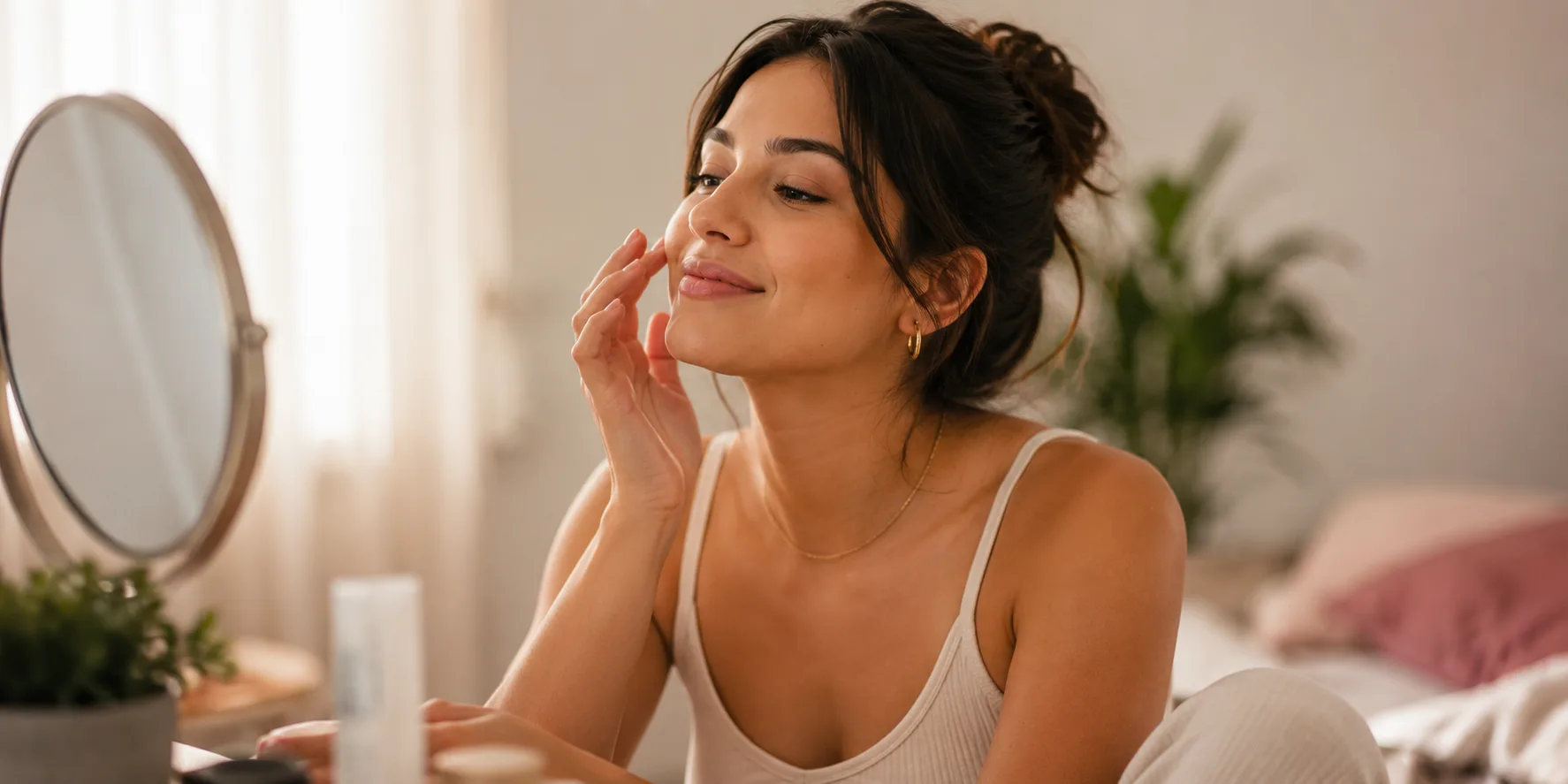 Mulher sorrindo com naturalidade diante do espelho, em casa, apreciando um momento simples de autocuidado.